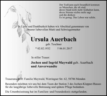 Traueranzeige von Ursula Auerbach von Stadtspiegel Menden + Froendenberg