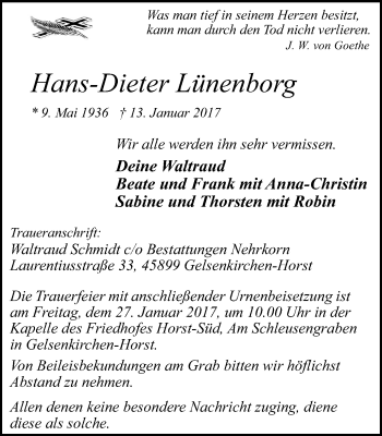 Traueranzeige von Hans-Dieter Lünenborg von Stadtspiegel Gelsenkirchen