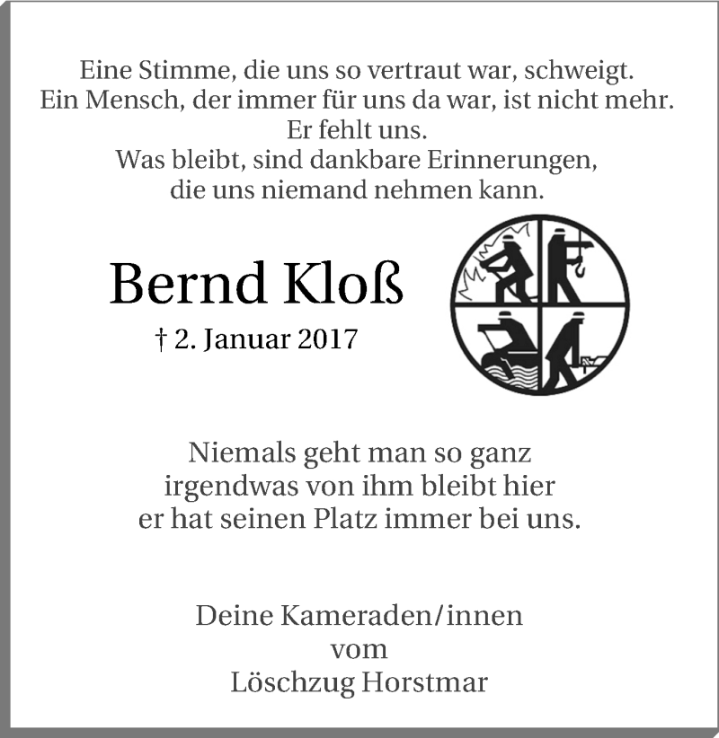  Traueranzeige für Bernd Kloß vom 04.01.2017 aus Lüner Anzeiger
