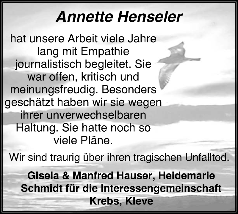  Traueranzeige für Annette Henseler vom 07.01.2017 aus Klever Wochenblatt