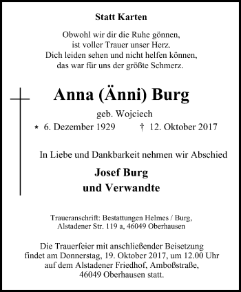 Traueranzeige von Anna  Burg von Wochen-Anzeiger Oberhausen