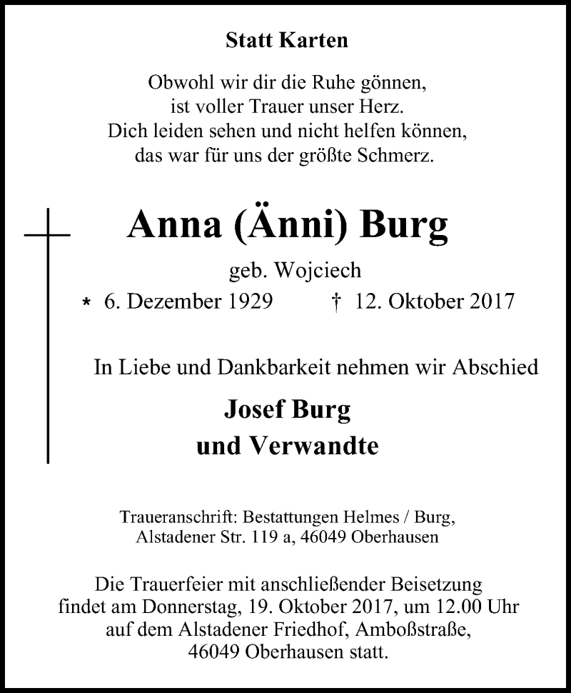  Traueranzeige für Anna  Burg vom 14.10.2017 aus Wochen-Anzeiger Oberhausen