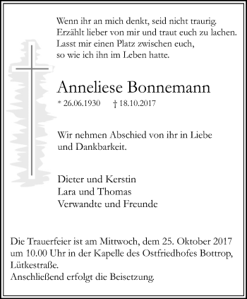 Traueranzeige von Anneliese Bonnemann von Stadtspiegel Bottrop