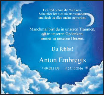 Traueranzeige von Anton Embregts von Klever Wochenblatt
