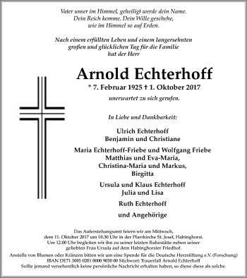 Traueranzeige von Arnold Echterhoff von Stadtanz.Castrop-Rauxel