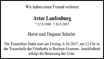 Traueranzeige von Artur Laufenburg von Stadtspiegel Bochum + Wattenscheid