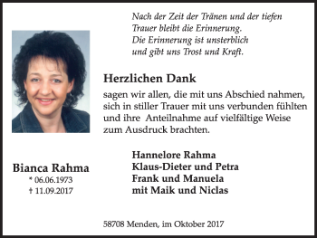 Traueranzeige von Bianca Rahma von Stadtspiegel Menden + Froendenberg