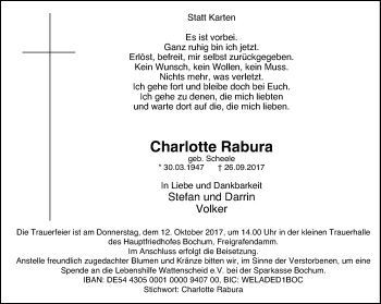 Traueranzeige von Charlotte Rabura von Stadtspiegel Bochum + Wattenscheid