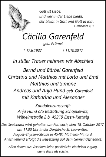 Traueranzeige von Cäcilia Garenfeld von Kettwig Kurier