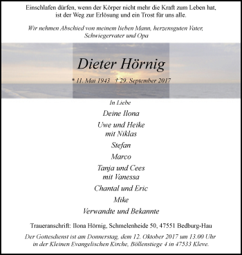 Traueranzeige von Dieter Hörnig von Klever Wochenblatt