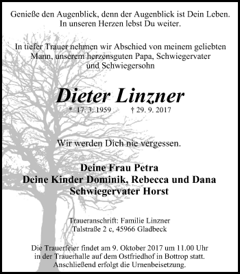 Traueranzeige von Dieter Linzner von Stadtspiegel Bottrop