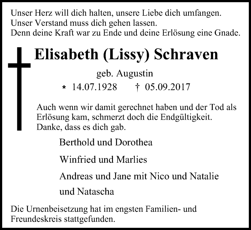  Traueranzeige für Elisabeth Lissy Schraven vom 11.10.2017 aus Wochen-Anzeiger Oberhausen