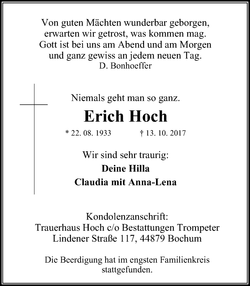  Traueranzeige für Erich Hoch vom 21.10.2017 aus Stadtspiegel Hattingen/Niedersprockhövel