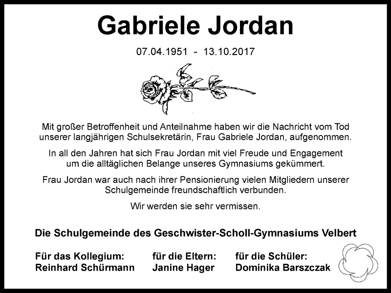  Traueranzeige für Gabriele Jordan vom 21.10.2017 aus Stadtanzeiger Velbert + Heiligenhaus