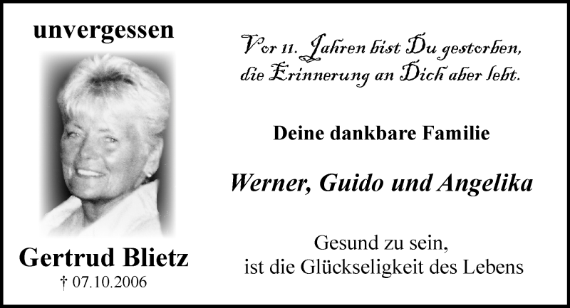  Traueranzeige für Gertrud Blietz vom 07.10.2017 aus Gocher Wochenblatt