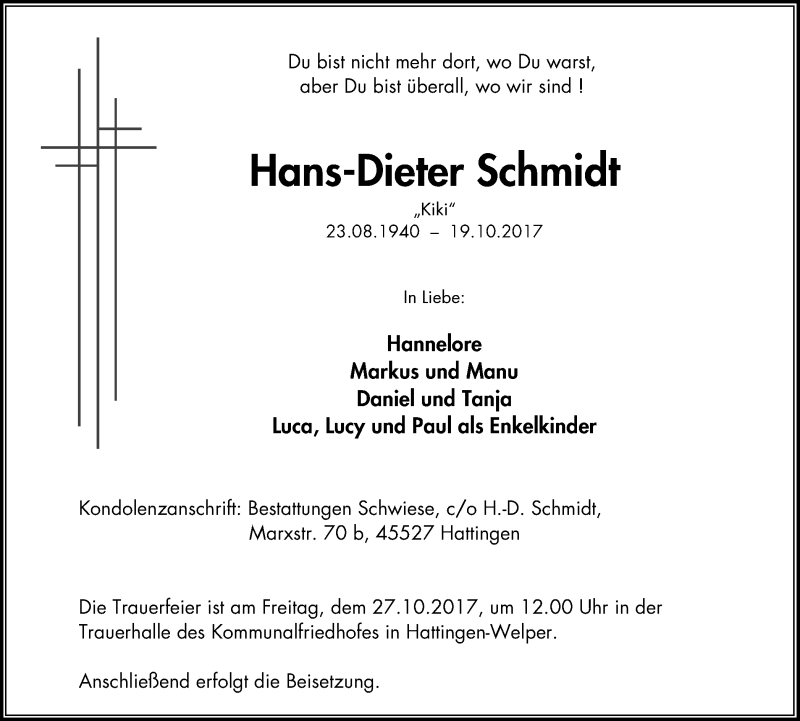Traueranzeigen von HansDieter Schmidt TrauerinNRW.de