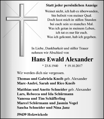 Traueranzeige von Hans Ewald Alexander von WVW Anzeigenblätter