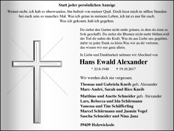 Traueranzeige von Hans Ewald Alexander von Stadtspiegel Kamen + Unna