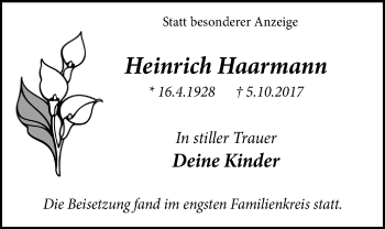 Traueranzeige von Heinrich Haarmann von Stadtspiegel Iserlohn + Hemer