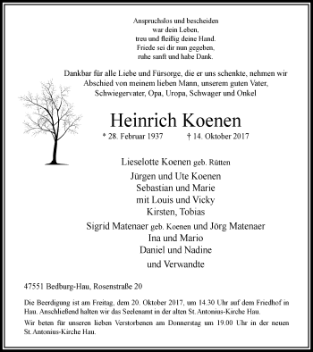 Traueranzeige von Heinrich Koenen von Klever Wochenblatt