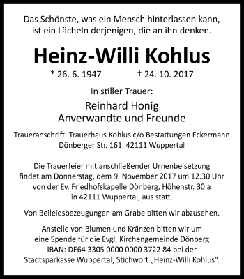 Traueranzeige von Heinz-Willi Kohlus von Stadtanzeiger Velbert + Heiligenhaus