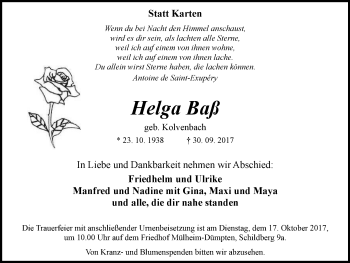 Traueranzeige von Helga Baß von Wochen-Anzeiger Oberhausen