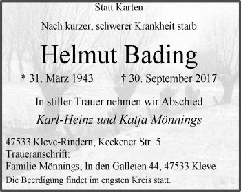 Traueranzeige von Helmut Bading von Klever Wochenblatt