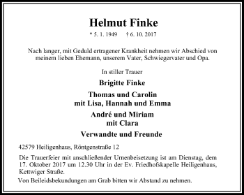 Traueranzeige von Helmut Finke von Stadtanzeiger Velbert + Heiligenhaus