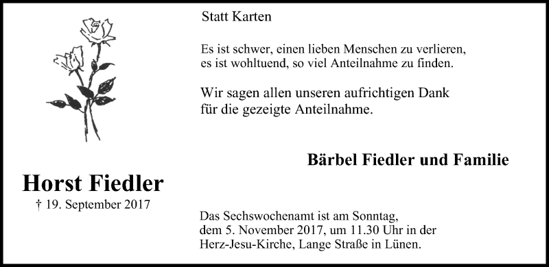  Traueranzeige für Horst Fiedler vom 28.10.2017 aus Lüner Anzeiger