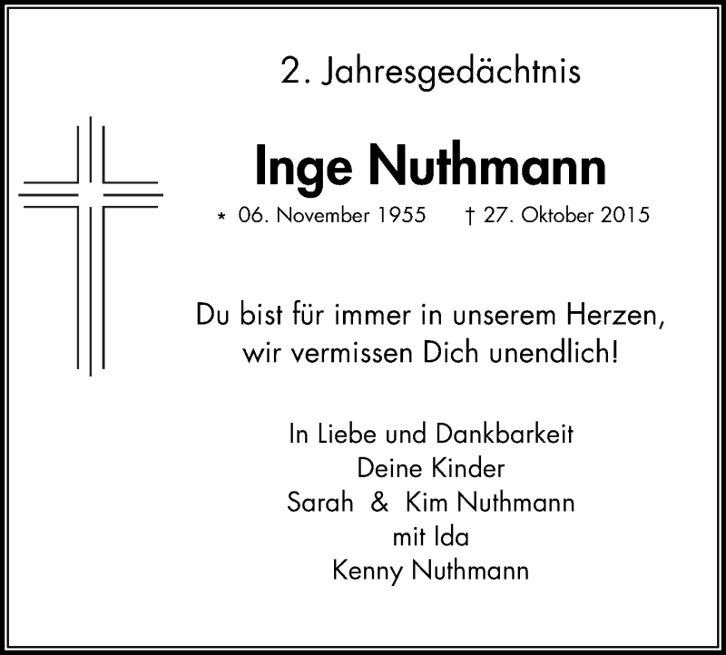  Traueranzeige für Inge Nuthmann vom 28.10.2017 aus Stadtanzeiger Velbert + Heiligenhaus