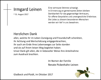 Traueranzeige von Irmgard Leinen von Stadtspiegel Gladbeck