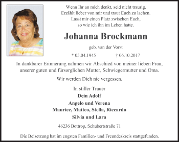 Traueranzeige von Johanna Brockmann von Stadtspiegel Bottrop