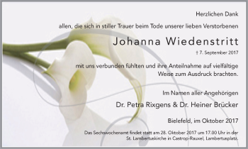 Traueranzeige von Johanna Wiedenstritt von Stadtanz.Castrop-Rauxel