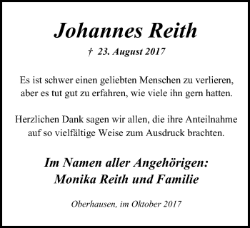 Traueranzeige von Johannes Reith von Wochen-Anzeiger Oberhausen
