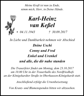 Traueranzeige von Karl-Heinz van Keßel von Wochen-Anzeiger Oberhausen
