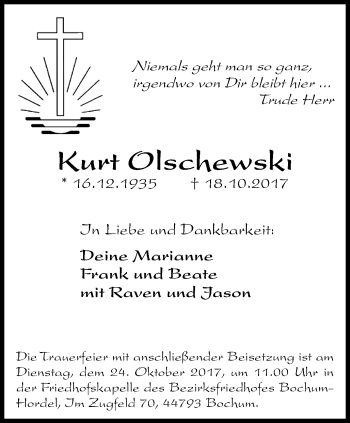 Traueranzeige von Kurt Olschewski von Wochenblatt Herne/Wanne-Eickel