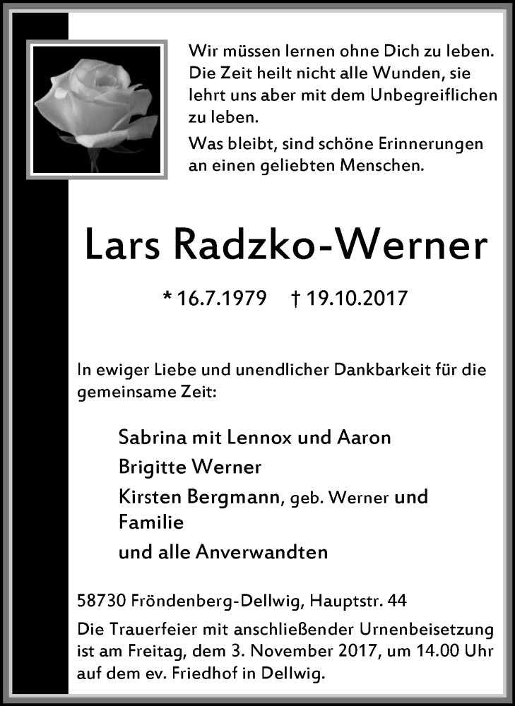  Traueranzeige für Lars Radzko-Werner vom 25.10.2017 aus Stadtspiegel Menden + Froendenberg