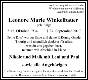 Traueranzeige von Leonore Marie Winkelbauer von Steeler Kurier
