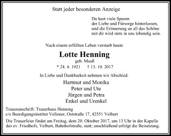 Traueranzeige von Lotte Henning von Stadtanzeiger Velbert + Heiligenhaus