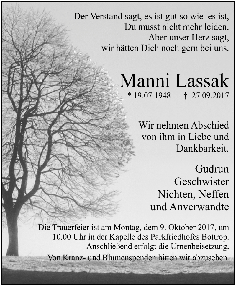  Traueranzeige für Manni Lassak vom 04.10.2017 aus Stadtspiegel Bottrop
