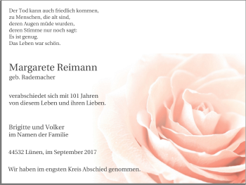 Traueranzeige von Margarete Reimann von Lüner Anzeiger