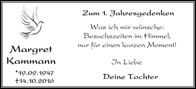  Traueranzeige für Margret Kammann vom 14.10.2017 aus Stadtanz.Castrop-Rauxel