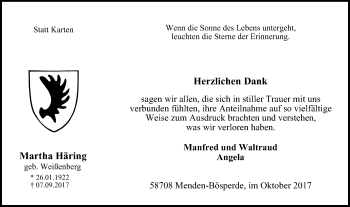 Traueranzeige von Martha Häring von Stadtspiegel Menden + Froendenberg