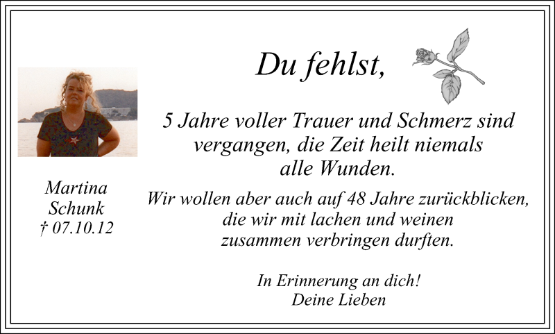  Traueranzeige für Martina Schunk vom 07.10.2017 aus wap Schwelm/Gevelsberg/Ennepetal