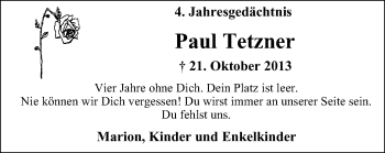 Traueranzeige von Paul Tetzner von Wochen-Anzeiger Oberhausen