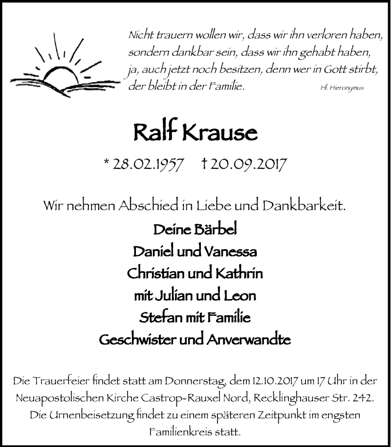  Traueranzeige für Ralf Krause vom 07.10.2017 aus Stadtanz.Castrop-Rauxel