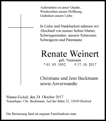 Traueranzeige von Renate Weinert von Wochenblatt Herne/Wanne-Eickel