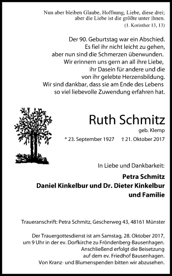 Traueranzeige von Ruth Schmitz von Stadtspiegel Menden + Froendenberg