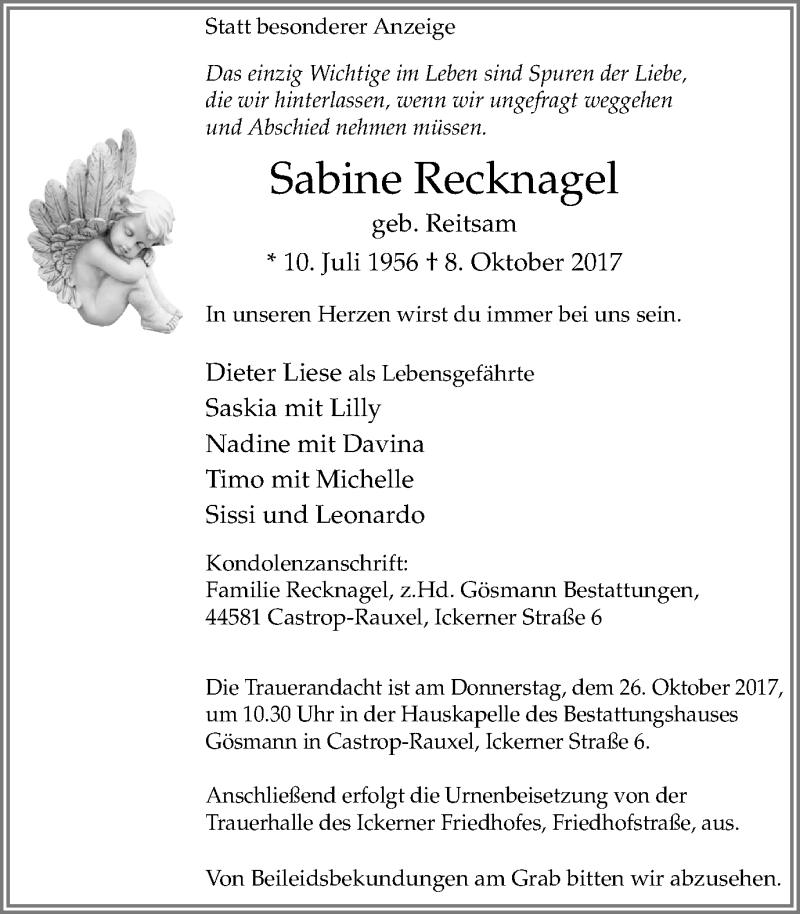  Traueranzeige für Sabine Recknagel vom 21.10.2017 aus Stadtanz.Castrop-Rauxel