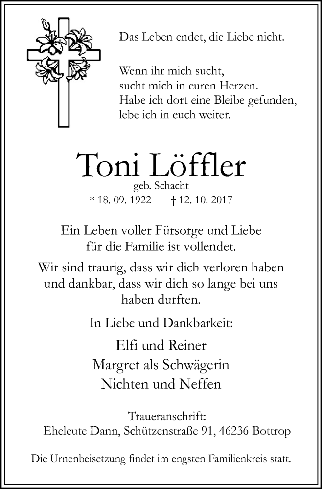  Traueranzeige für Toni Löffler vom 28.10.2017 aus Stadtspiegel Bottrop